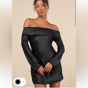 Lulus Luxurious Vision Black satin off the shoulder dress